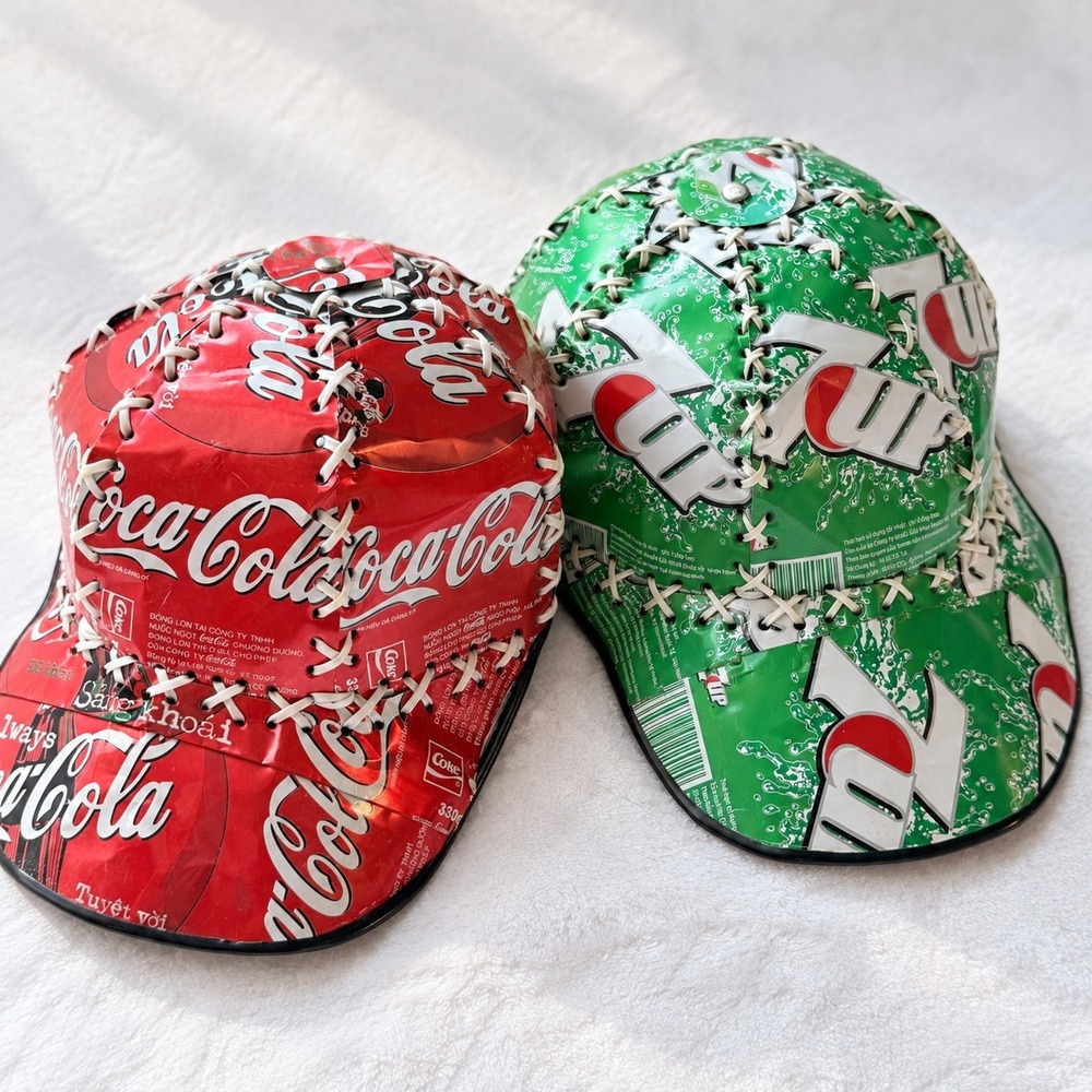Vintage Coca-Cola & 7-Up Soda Can Upcycled Handcrafted Baseball Caps Lot of 2